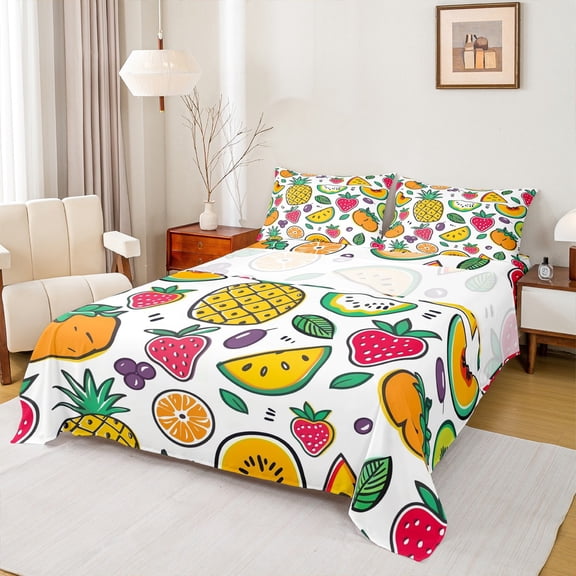 Manfei Cartoon Pineapple Twin Sheet Sets for Teen, Red Strawberry Grapes Twin Fitted Sheet, Topic Fruit Print Flat Sheet, Luxury Bedroom Decor, 3 Pieces