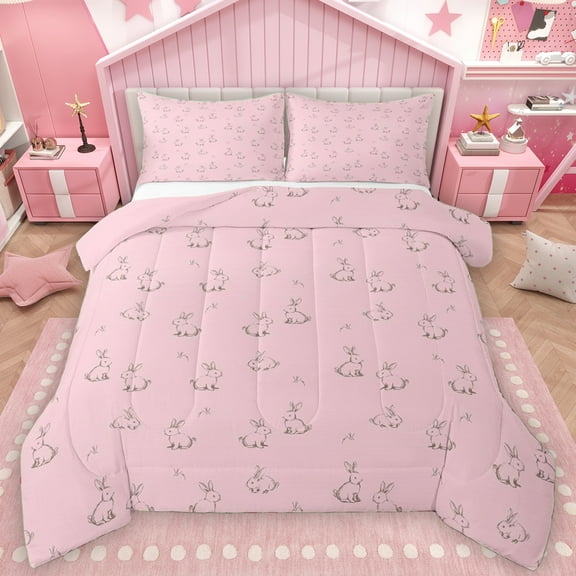 Manfei Cartoon Pink Animal Full Size Comforter Sets for Kids, Kawaii Bunnies Rabbit Bedding Comforter Set, Cute Princess Style Reversible Bedding Sets, Lightweight Room Decor, 3pcs