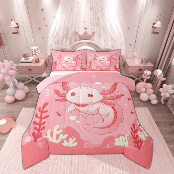 Manfei Cartoon Pink Axolotl Bedding Comforter Set for Kid, Dreamy Underwater World Twin Comforter Sets, Kawaii Animal Reversible Bedding Set, Luxury Bedroom Decor, 2 Pieces