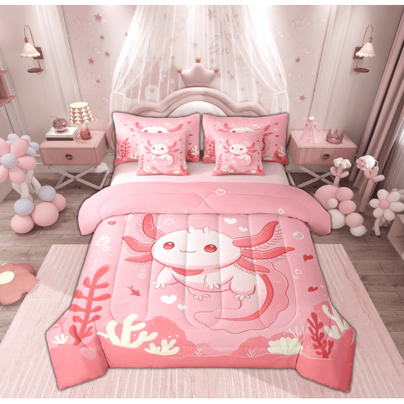 Manfei Cartoon Pink Axolotl Twin Bedding Sets 7-Piece for Kid, Dreamy Underwater World Bedding Comforter Set, Kawaii Animal Reversible Sheet Sets, Luxury Bedroom Decor