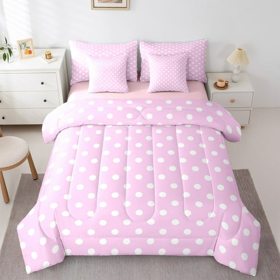 Manfei Cartoon Pink Dots Bedding Comforter Set 7pcs for Kids, Circle Abstract Queen Bedding Sets, Polka Dot Print Reversible Queen Sheet Sets, Luxury Bedroom Decor