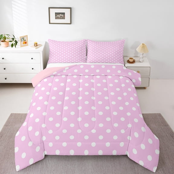 Manfei Cartoon Pink Dots Bedding Comforter Set for Kids, Circle Abstract Twin Comforter Sets, Polka Dot Print Reversible Bedding Set, Luxury Bedroom Decor, 2 Pieces