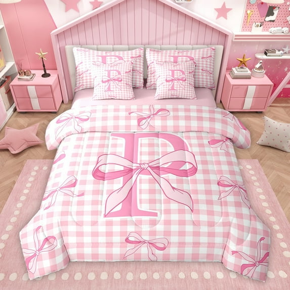 Manfei Cartoon Pink Letter P Bedding Comforter Set 7pcs, Cute Buffalo Plaid King Bedding Sets, Teens Kids Girls Female Reversible Bed Sheets, Luxury Bedroom Decor