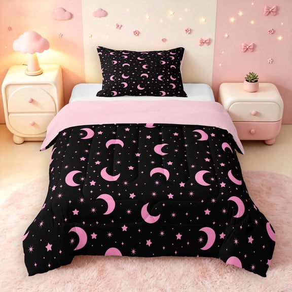 Manfei Cartoon Pink Moon Twin Comforter Sets,Celestial Dark Stars Bedding Set,Pink Reversible,2-Piece,1 Comforter and 1 Pillowcase