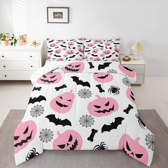 Manfei Cartoon Pink Pumpkin Bedding Comforter Set, Gothic Halloween Bat Animal Twin Comforter Sets, Kid Child Teen Reversible Bedding Set, Ultra Soft Home Decor, 2pcs