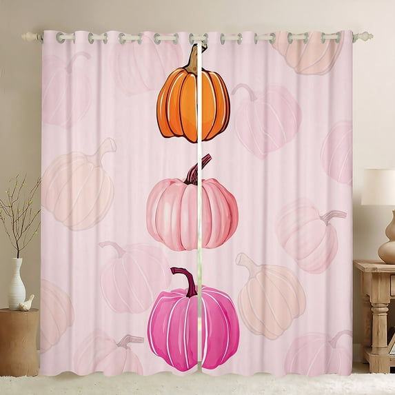 Manfei Cartoon Pink Pumpkin Blackout Curtains Set of 2 (52x84 Each) for Kids, Kawaii Autumn Harvest Window Curtains, Western Festival Curtains and Drapes, Living Room Curtains Decor