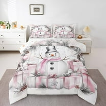Manfei Cartoon Pink Snowman Bedding Comforter Set for Child, Santa Claus Gift Twin Comforter Sets, Christmas Plant Print Reversible Bedding Set, Microfiber Bedroom Decor, 2 Pieces