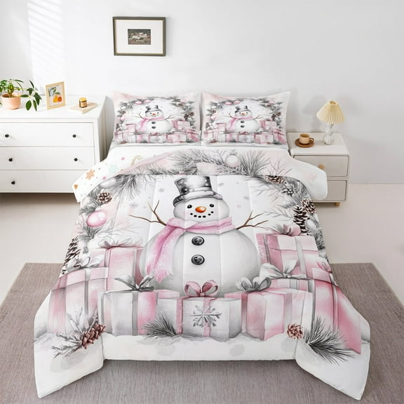 Manfei Cartoon Pink Snowman Bedding Comforter Set for Child, Santa Claus Gift Twin Comforter Sets, Christmas Plant Print Reversible Bedding Set, Microfiber Bedroom Decor, 2 Pieces