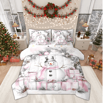 Manfei Cartoon Pink Snowman Twin Bedding Sets 7-Piece for Child, Santa Claus Gift Bedding Comforter Set, Christmas Plant Print Reversible Sheet Sets, Microfiber Bedroom Decor