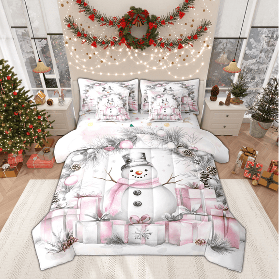 Manfei Cartoon Pink Snowman Twin Bedding Sets 7-Piece for Child, Santa Claus Gift Bedding Comforter Set, Christmas Plant Print Reversible Sheet Sets, Microfiber Bedroom Decor