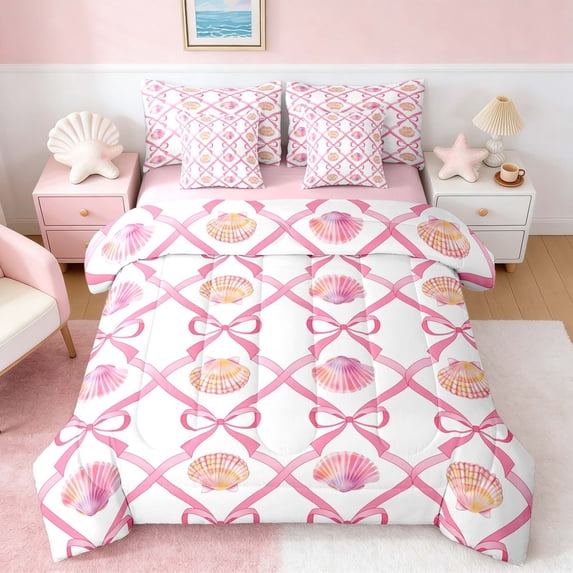 Manfei Cartoon Pink White Seashell Bow Lattice Bedding Comforter Set for Kids Girls, Sea Animal Queen Bedding Sets, Pink Reversible 7 Pieces