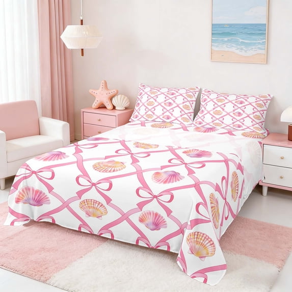 Manfei Cartoon Pink White Seashell Bow Lattice Queen Sheet Sets for Kids Girls, Sea Animal Bed Set 4 Pieces, 1 Flat Sheet, 1 Fitted Sheet and 2 Pillowcases