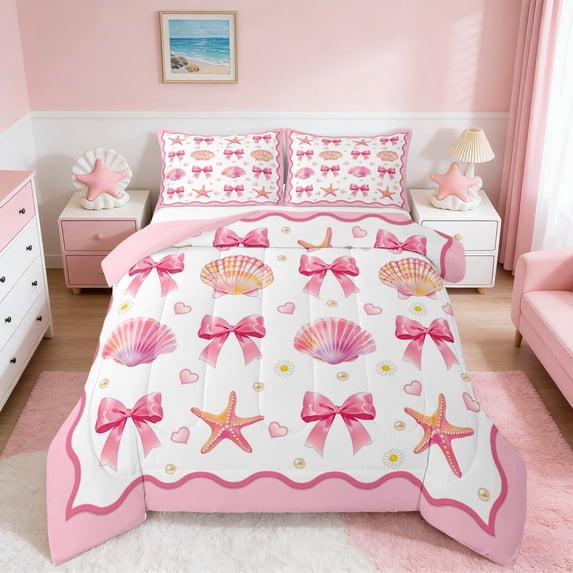 Manfei Cartoon Pink White Seashell Starfish Bow Heart Queen Comforter Set for Kids Girls, Marine Life Print Bedding Comforter Set, Pink Reversible 3-Piece, 1 Comforter and 2 Pillowcases