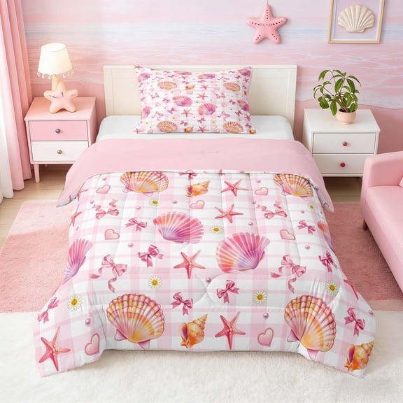 Manfei Cartoon Pink White Seashell Starfish Bow Heart Twin Comforter Sets for Kids Girls, Sea Animal Bedding Set, Pink Reversible 2 Pieces, 1 Comforter and 1 Pillowcase
