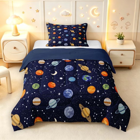Manfei Cartoon Planet Pattern Twin Comforter Sets,Sprinkle Moon Stars Print Bedding Set,Dark Blue,Navy Blue Reversible,2 Pieces,1 Comforter and 1 Pillowcase