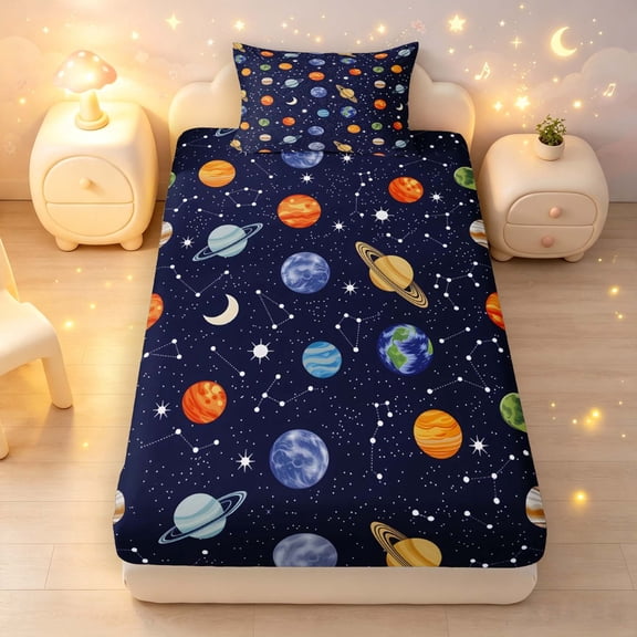 Manfei Cartoon Planet Pattern Twin Fitted Sheet,Sprinkle Moon Stars Print Bedding,Dark Blue,2 Pieces