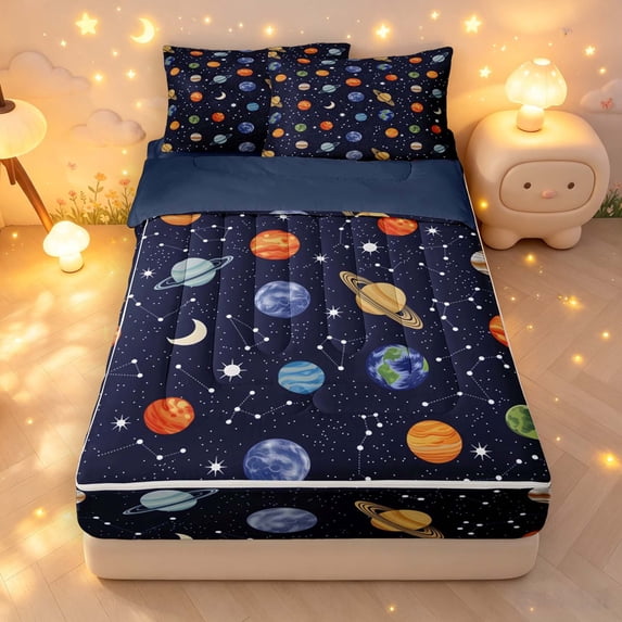Manfei Cartoon Planet Pattern Zipper Queen Comforter Set with Fitted Sheet and 2 Pillowcases,Sprinkle Moon Stars Print Zipper Bedding Set,Dark Blue,Navy Blue Reversible,4pcs