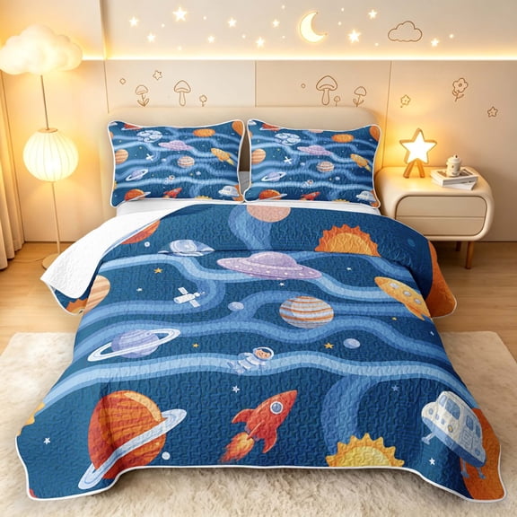 Manfei Cartoon Planet Print Bed Spread Queen,Cute Spaceship Pattern Queen Coverlet Set,Blue Orange,Navy Blue Reversible,3pcs,1 Quilt and 2 Pillowcases