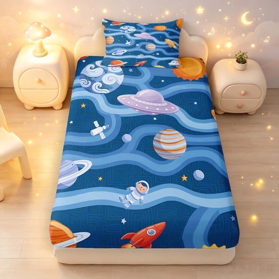 Manfei Cartoon Planet Print Fitted Sheet Queen,Cute Spaceship Pattern Bedding,Blue Orange,3pcs