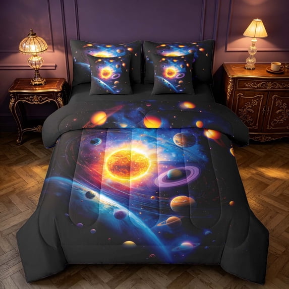 Manfei Cartoon Planets 7pcs Queen Bedding,Celestial Colorful Nebula Bedding Comforter Set Queen,Orange Black,Black Reversible