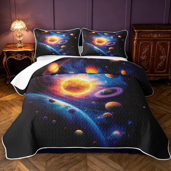 Manfei Cartoon Planets Bed Spread Queen,Celestial Colorful Nebula Queen Coverlet Set,Orange Black,Black Reversible,3pcs,1 Quilt and 2 Pillowcases