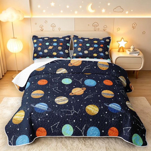 Manfei Cartoon Planets Bed Spread Queen,Sprinkle Print Queen Coverlet Set,Dark Blue,Navy Blue Reversible,3-Piece,1 Quilt and 2 Pillowcases