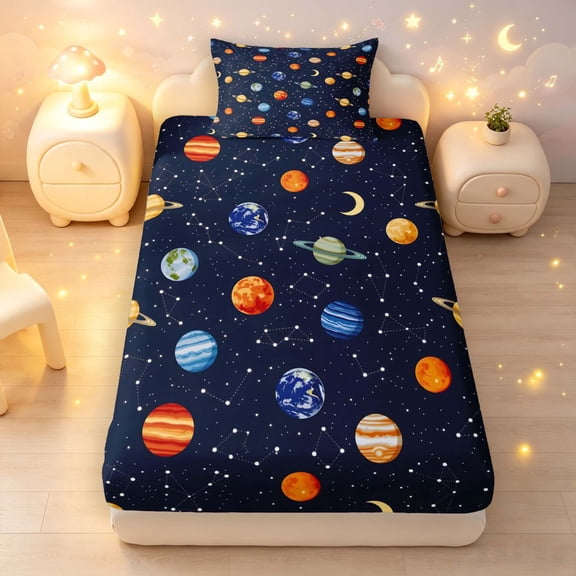 Manfei Cartoon Planets Fitted Sheet Full,Moon Starry Sky Print Bed Set,Dark Blue,3 Pieces