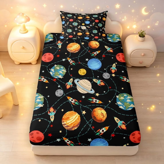 Manfei Cartoon Planets Rocket Twin Fitted Sheet,Sprinkle Print Bedding,Black Orange,2pcs