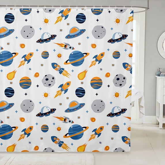 Manfei Cartoon Planets Shower Curtain 72Wx72L,Cute Rocket Print Bathroom Curtain,Blue Orange White