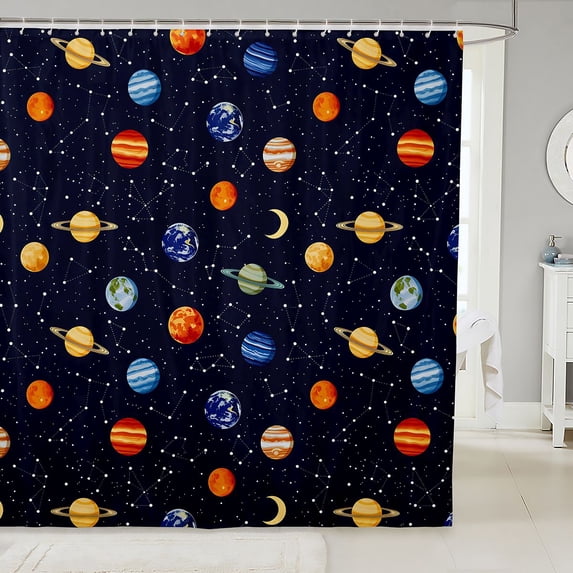 Manfei Cartoon Planets Shower Curtain 72Wx84L,Moon Starry Sky Print Bathroom Shower Curtain,Dark Blue