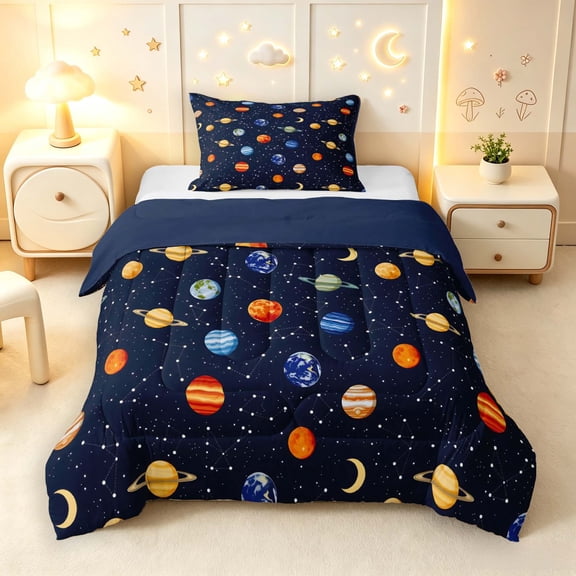 Manfei Cartoon Planets Twin Comforter Sets,Moon Starry Sky Print Bedding Set,Dark Blue,Navy Blue Reversible,2-Piece,1 Comforter and 1 Pillowcase