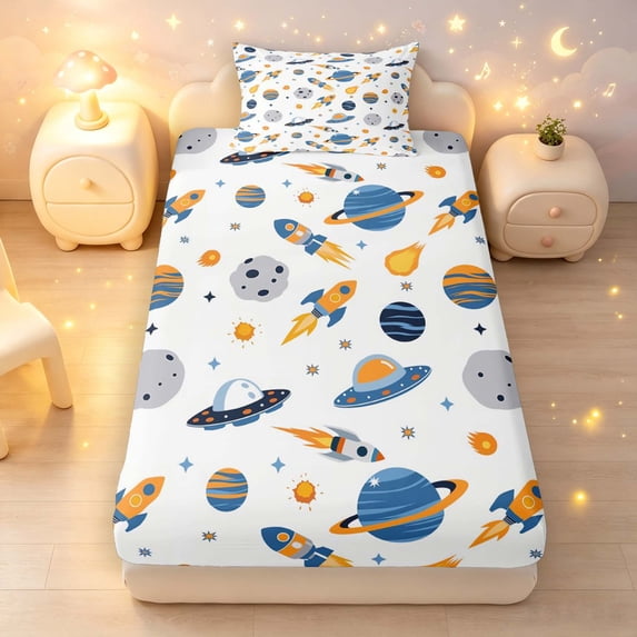 Manfei Cartoon Planets Twin Fitted Sheet,Cute Rocket Print Bedding,Blue Orange White,2-Piece
