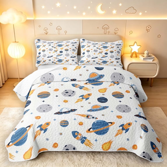 Manfei Cartoon Planets Twin Quilt Set,Cute Rocket Print Twin Coverlet Set,Blue Orange White,Polkadot Reversible,2-Piece,1 Bedspread and 1 Pillowcase