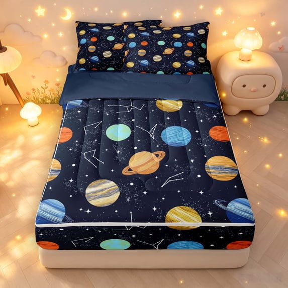 Manfei Cartoon Planets Zipper Queen Comforter Set with Fitted Sheet and 2 Pillowcases,Sprinkle Print Zipper Bedding Set,Dark Blue,Navy Blue Reversible,4pcs