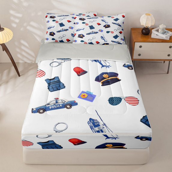 Manfei Cartoon Police Pattern Zipper Full Size Comforter Sets with Fitted Sheet and 2 Pillowcases,Boys Friendly Theme Zipper Bedding Set,White,Light Gray Reversible,4pcs