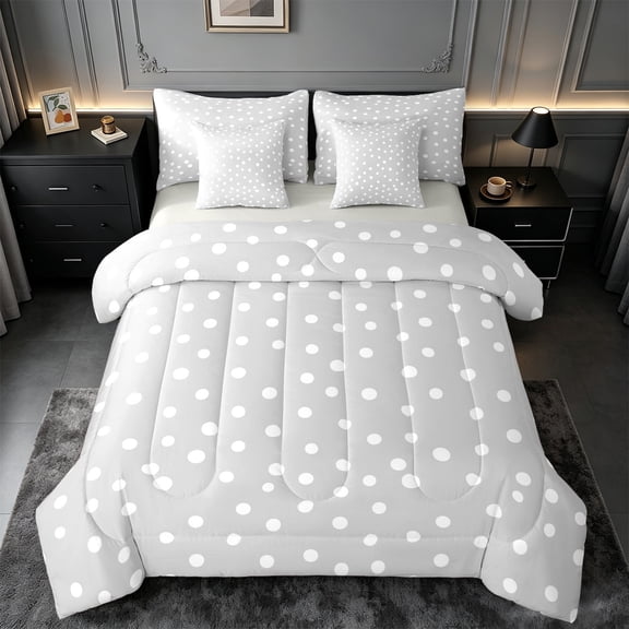 Manfei Cartoon Polka Dots 7-Piece Twin Bedding Sets,Fashion French Style Bedding Comforter Set,Gray White Sheet Sets For Children,Breathable Home Decor Reversible