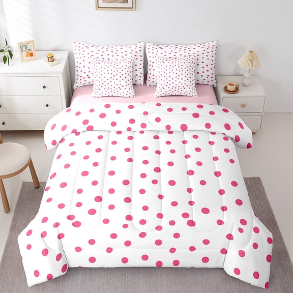 Manfei Cartoon Polka Dots 7-Piece Twin Bedding Sets,Fashion French Style Bedding Comforter Set,Pink White Sheet Sets For Children,Breathable Home Decor Reversible