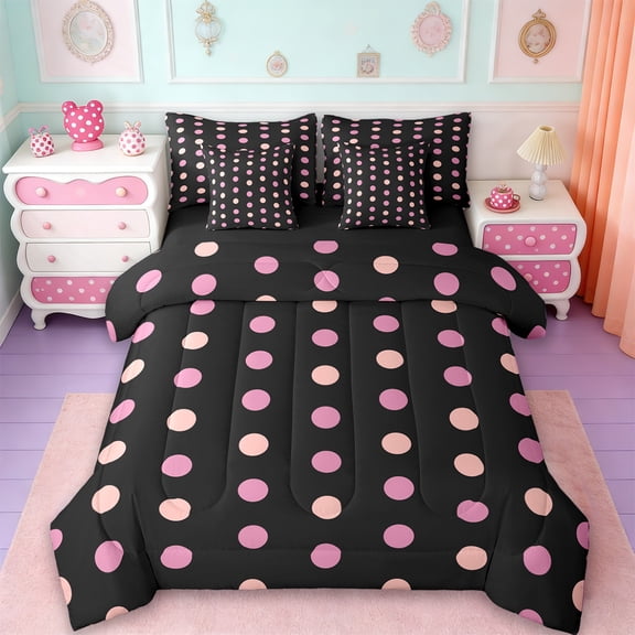 Manfei Cartoon Polka Dots 7 Pieces Bedding Comforter Set,Cartoon French Style Full Bedding Set,Pink Black Fitted Sheet Flat Sheet For Children,Breathable Home Decor Reversible