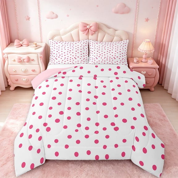 Manfei Cartoon Polka Dots Bedding Comforter Set,Fashion French Style Twin Comforter Sets,Pink White Bedding Set For Children,Breathable Home Decor Reversible,2 Pieces