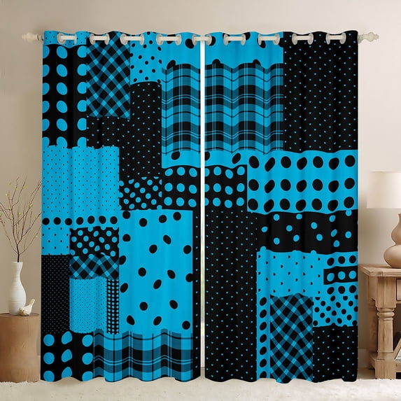 Manfei Cartoon Polka Dots Blackout Curtains Set of 2 (52x84 Each),Chic French Style Window Curtains,Blue Black Patchwork Plaid Curtains and Drapes For Children,Breathable Home Decor