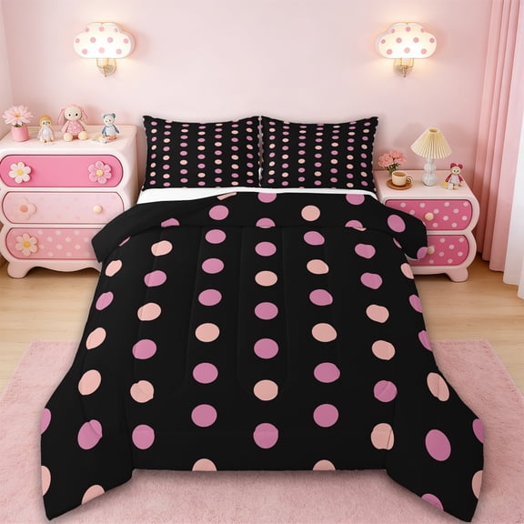 Manfei Cartoon Polka Dots Full Size Comforter Sets,Cartoon French Style Bedding Comforter Set,Pink Black Bedding Sets For Children,Breathable Home Decor Reversible,3-Piece