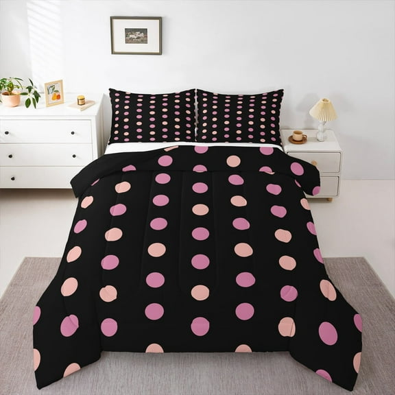 Manfei Cartoon Polka Dots Full Size Comforter Sets,Cartoon French Style Bedding Comforter Set,Pink Black Bedding Sets For Children,Breathable Home Decor Reversible,3-Piece