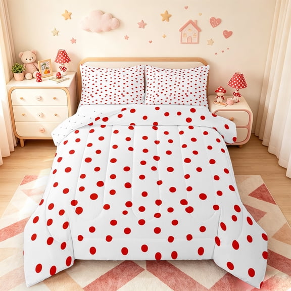 Manfei Cartoon Polka Dots Full Size Comforter Sets,Fashion French Style Bedding Comforter Set,Hotpink White Bedding Sets For Children,Breathable Home Decor Reversible,3 Pieces