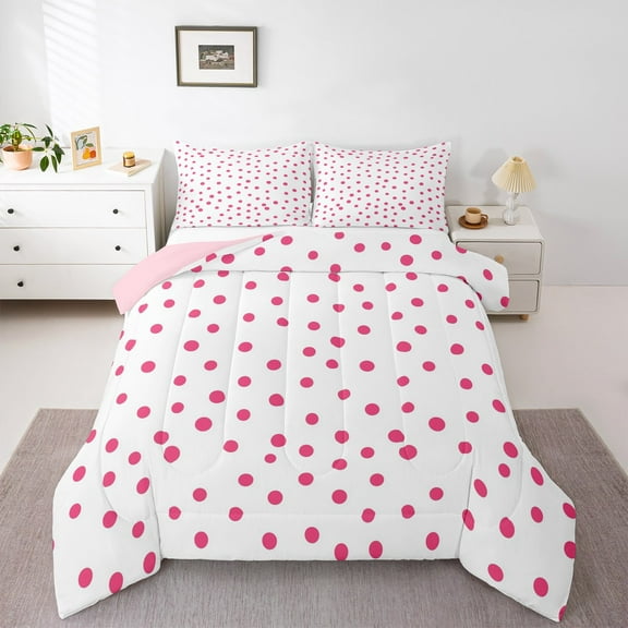 Manfei Cartoon Polka Dots Queen Comforter Set,Fashion French Style Bedding Sets,Pink White Bedding Comforter Set For Children,Breathable Home Decor Reversible,3-Piece