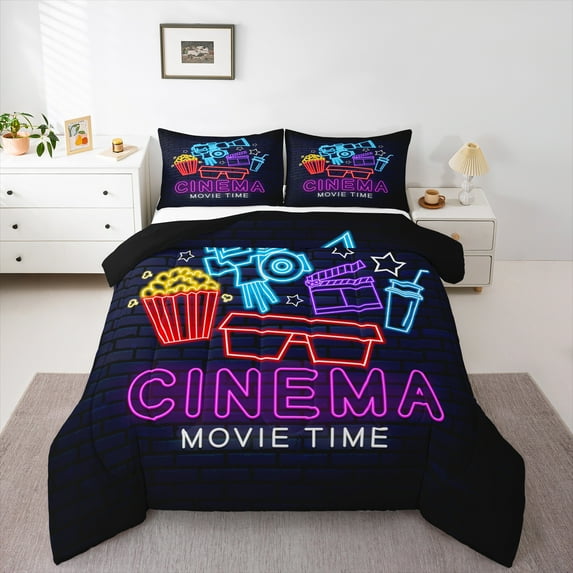 Manfei Cartoon Popcorn Cinema Full Size Comforter Sets,Moive Time Bedding Comforter Set,Purple Blue Black Bedding Sets For Kids,Ultra Soft Home Decor Reversible,3 Pieces