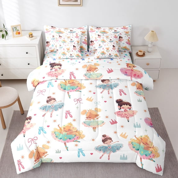 Manfei Cartoon Princess 7 Pieces Bedding Comforter Set,Ballet Girl Full Bedding Set Lightweight,Dance Theme Fitted Sheet Flat Sheet,Breathable Kawaii Room Decor,Reversible