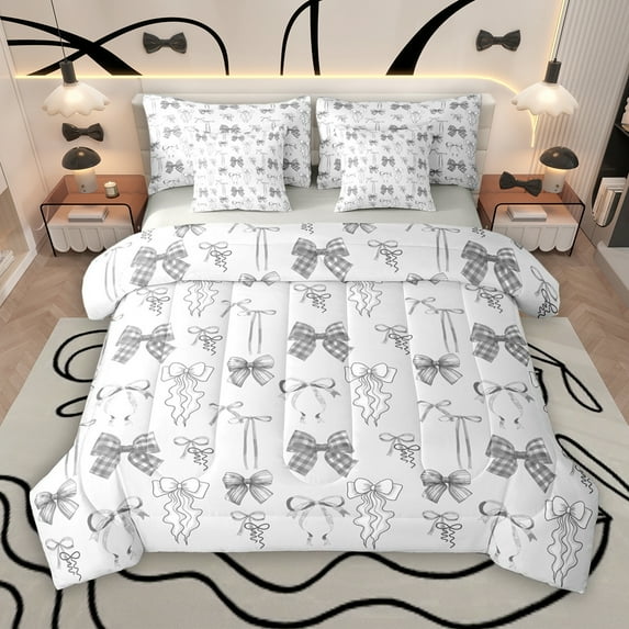 Manfei Cartoon Princess Bowknot 7-Piece Twin Bedding Sets for Teens, Kawaii Bow Ribbon Bedding Comforter Set, Cartoon Plaid Bow-tie Reversible Sheet Sets, Microfiber Bedroom Decor