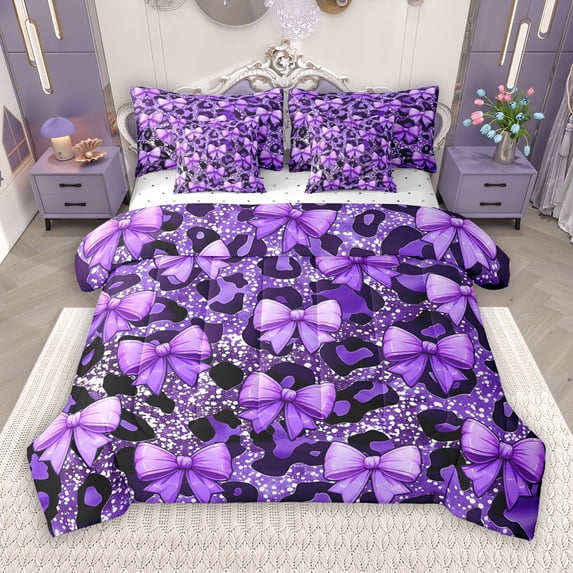 Manfei Cartoon Princess Bowknot 7 Pieces Bedding Comforter Set for Teens, Black Purple Ribbon Full Bedding Set, Romantic Leopard Print Reversible Fitted Sheet Flat Sheet, Breathable Home Decor