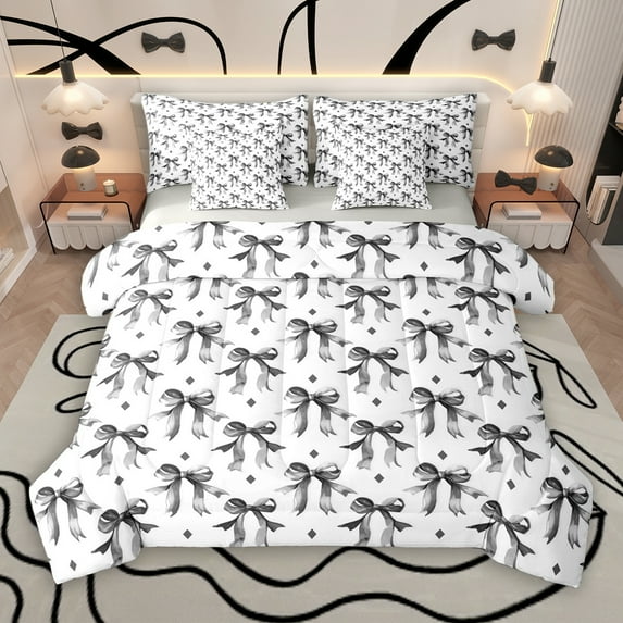 Manfei Cartoon Princess Bowknot 7 Pieces Bedding Comforter Set for Teens, Black Stars Print Full Bedding Set, Cartoon Ribbon Bow-tie Reversible Fitted Sheet Flat Sheet, Luxury Bedroom Decor