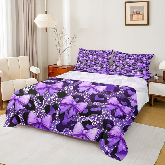 Manfei Cartoon Princess Bowknot Bed Sheets for Teens, Black Purple Ribbon King Sheets, Romantic Leopard Print Sheet Set, Breathable Home Decor, 4-Piece